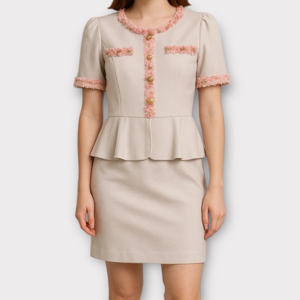Chloe Women’s Dress Peplum Boucle Fringe Trim Designer Quiet Luxury Retro Glam